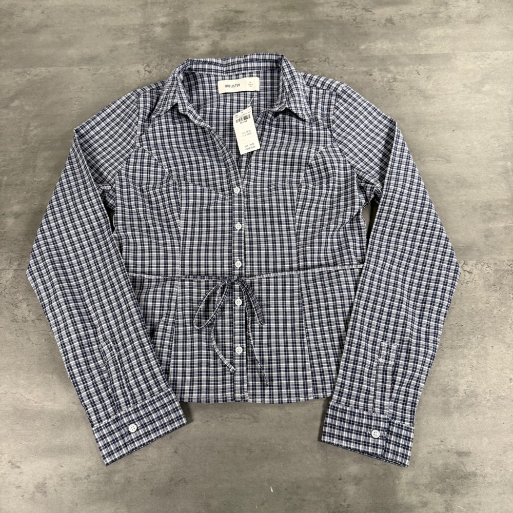 Hollister Button Down Women M Blue Plaid Tie Waist Long Sleeve Slim Shirting NWT